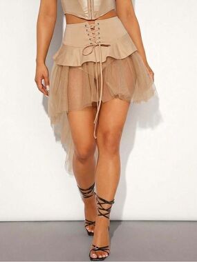 High-Low Tulle Layered Skirt in Tan M